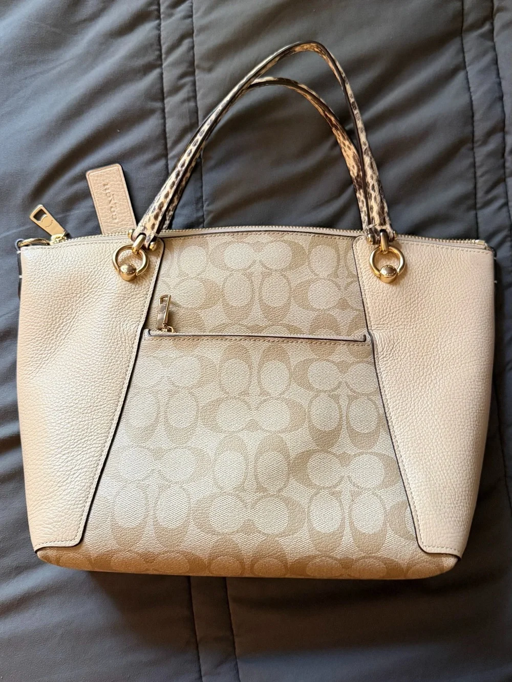 Coach Beige Signature Tote with Snake-Print Handles